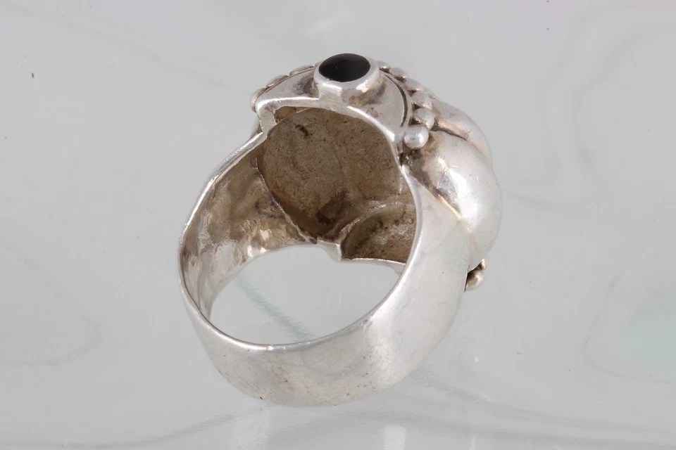 ANILLO PLATA ESTERLINA ABOVEDADO TEXTURIZADO RANURAS PIEDRAS ÓNIX NEGRO TALLA 5 925 0675B Foto 3 de 3