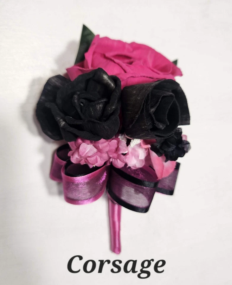 Fuchsia Pink Black Rose Calla Lily Bridal Wedding Bouquet Accessories - Image 2 of 4