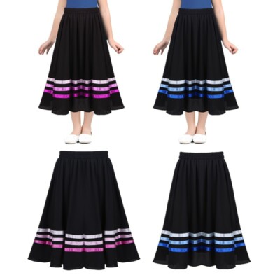 DE Kinder Mädchen Chiffon Rock Lang Hohe Taille Tanz Röcke mit Streifen Maxirock