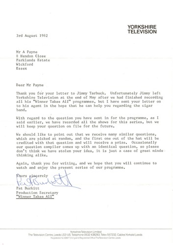 JIMMY TARBUCK SIGNED COMPLIMENTS SLIP, CIGAR BAND & ORIGINAL ENVELOPE + LETTER - Picture 2 of 2