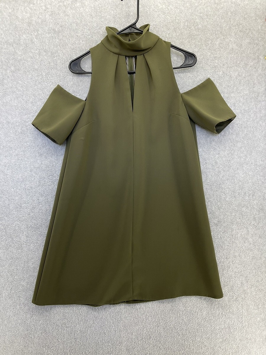 topshop olive green dress TOPSHOP Women's Dress Cold Shoulder Olive Green Mock Neck Keyhole Size 6