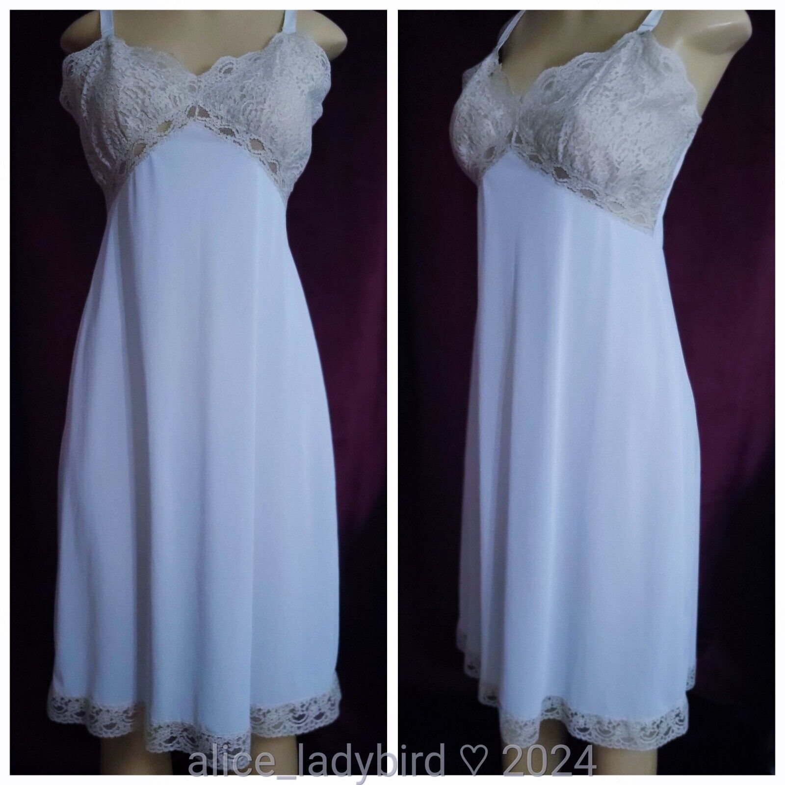 Soft BLUE Vintage SILKY Full Dress SLIP Ecru Lace… - image 2