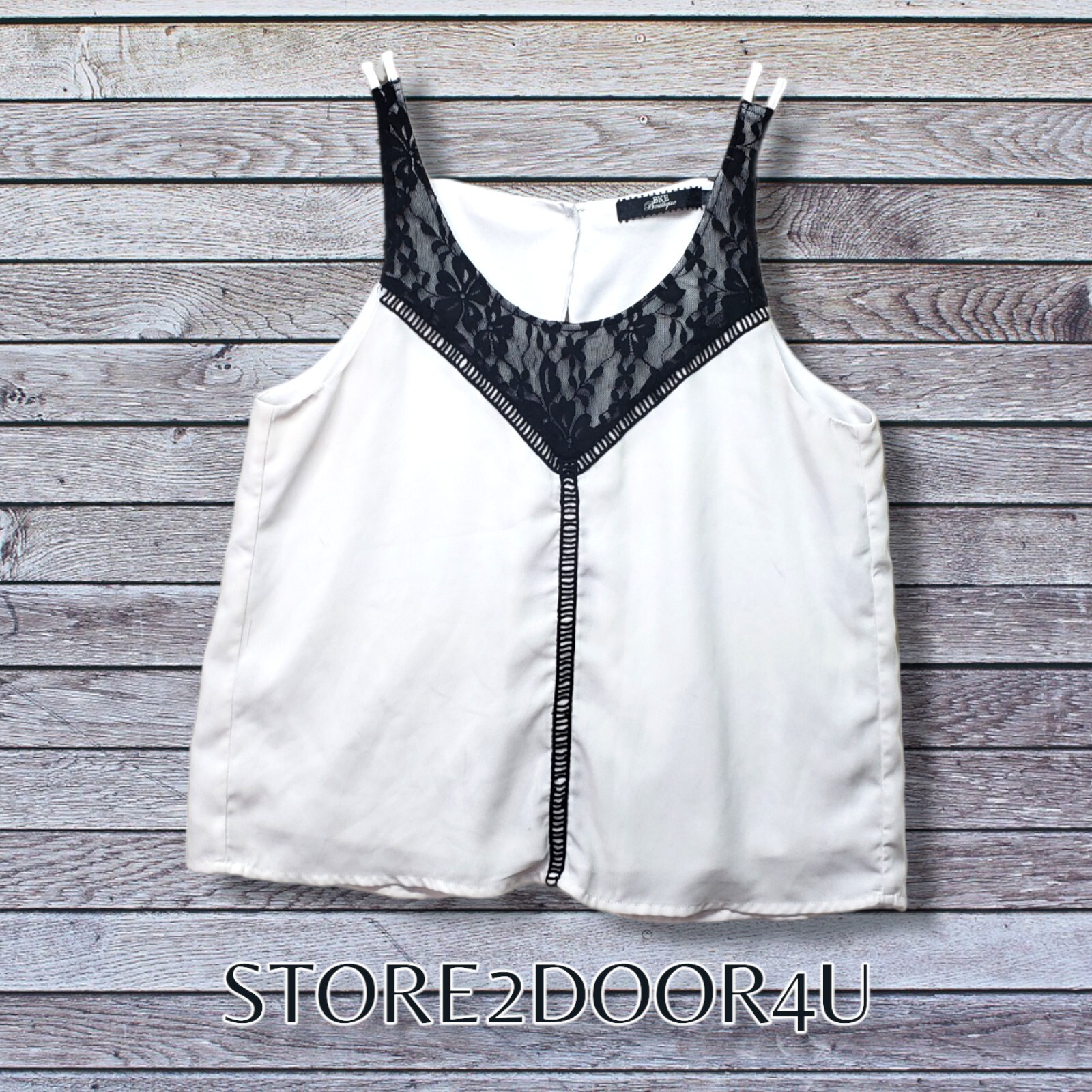 BKE BOUTIQUE MEDIUM WHITE SHEER SUMMER BLOUSE w BLACK FLORAL LACE, OPEN BACK