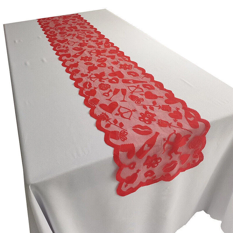 2pcs Vintage Red Heart Lace Table Runner Wedding Valentine's Day Decor 33x183cm - Image 4 of 4