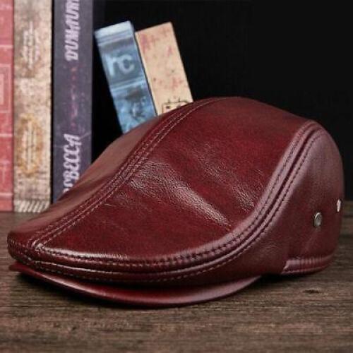 Men Real Genuine Cow Leather Peaked Cap Winter Warm Ear Muff Beret Newsboy Hats - Picture 17 of 17