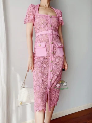 Ladies Floral Pink Guipure Lace Midi Cutout Wrap Dress New S M L | eBay Ladies Floral Pink Guipure Lace Midi Cutout Wrap Dress New S M L | eBay