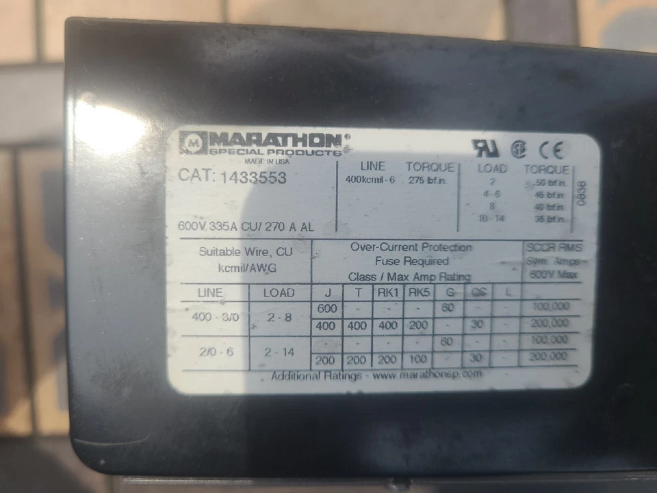 New-Open Box MARATHON Lug  1433553 600V 335A NSMP - Image 3 of 3