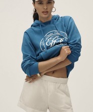 NWT Anthropologie DAILY PRACTICE Cotton-Blend Graphic Hoodie Hawaiian Blue Small
