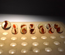 VITRO AGATE MARBLES CATS EYE ORANGE RED BANANA 12PC LOT ONE DRAGON FIRE SHOOTER