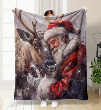 Santa Claus with Deer Christmas Throw Blanket, Soft Christmas Fleece Blanket
