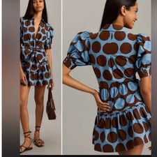 New Farm Rio Anthropologie  Blue and Brown Polka Dot Mini Dress M