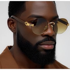 Rimless Sunglasses Oval Lens Gold Accents Wood Arms Fashion Shades Sophisticated
