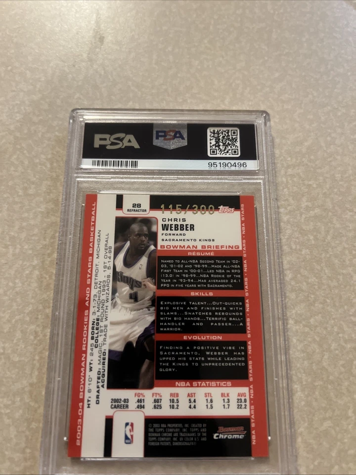 2003-04 年 Bowman Chrome #28 Chris Webber 折射器 /300 Psa 9 非常好! — 第 2/3 张图片