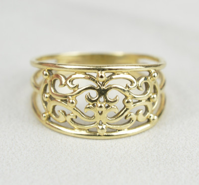Vintage Arpas ARR 14K Yellow Gold Filigree Wide Statement Band Ring Size 7.75