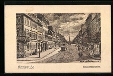 Künstler-AK Karlsruhe, Kaiserstrsse mit Strassenbahn 