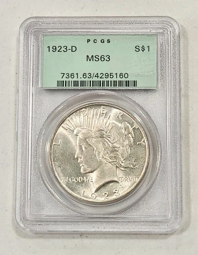 1923-D Peace Silver Dollar ~ PCGS MS63 OGH Old Green Holder $1 US Mint Coin