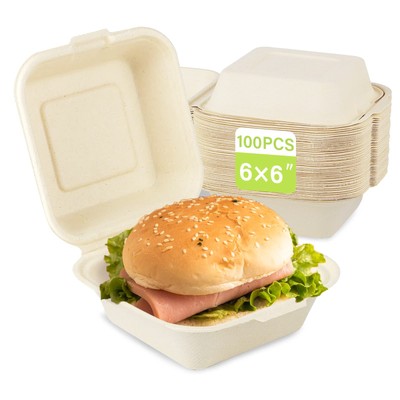 Compostable Take Out Food Container 6X6, 100 Pack Disposable Clamshell Food C...