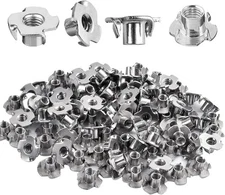 100 Pack 1/4"-20 T-Nuts 4 Prong Tee Nuts Stainless Steel Threaded Inserts Wood