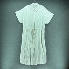 A New Day Dress Womens L Shirt Dress White Pinstripe Linen Blend Tie Waist
