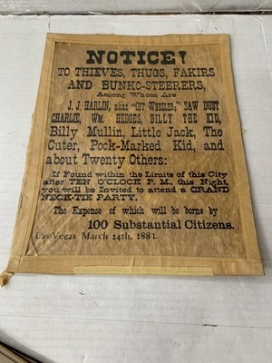 Antique 1881 Notice Thieves Thug Get Out Of Town Wanted Poster Las Vegas Sign