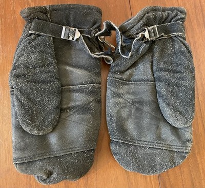 Vintage 70s Streetwear Faded BlackSuede Leather Lined Mittens Gloves Mens M