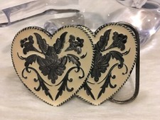 1992 Siskiyou Cream Enamel Floral 2 Hearts Woman Belt Buckle Made in U.S.A.