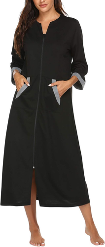 Women Zipper Robe 3/4 Sleeves Loungewear Dress Full Length Sleepwear Pockets Hou