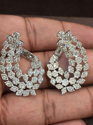 Pave 3.48 Cts Round Brilliant Cut Diamonds Hoop Earrings In Solid 14K White Gold - Picture 1 of 10