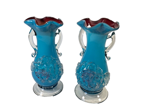 2 Vintage Stevens & Williams Ruffled Hand-Blown Applied Vase Turquoise/Red 6.5" - Picture 2 of 13