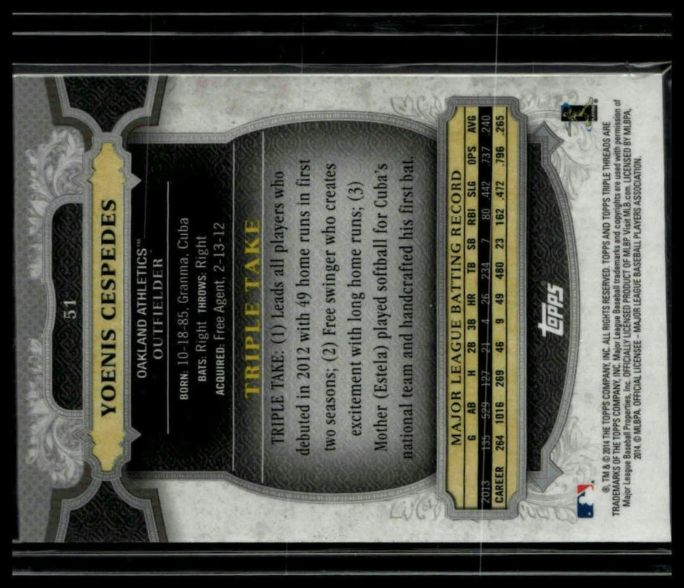 2014 Topps Triple Threads #51 Yoenis Cespedes - Image 2 of 2