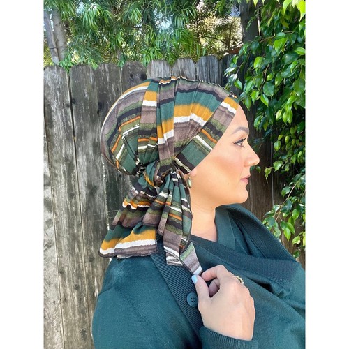 Women's Headwrap, Striped Delight, Green/Neutral Blend, Hijab Scarf, Tichel Lady - Picture 3 of 5