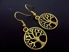 Image of A PAIR OF GOLD COLOUR TREE OF LIFE THEMED DANGLY EARRINGS. NEW.