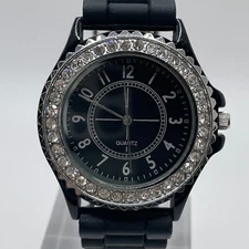 Black Womens Watch Gem Set Bezel 38mm Case Band Quartz Analog Three Hands