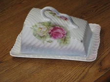 1920's MADE IN GERMANY FLORAL ROSES PORCELAIN COVERED CHEESE DISH WITH LID
