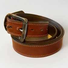 Heavy Duty XL Cognac Brown Leather Double Stitched Work Belt 51” Worn Holes