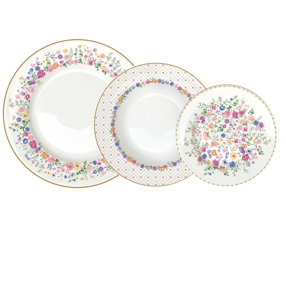 18tlg Tellerset MON AMOUR Blumen und Herzen weiß bunt aus Porzellan Easy Life