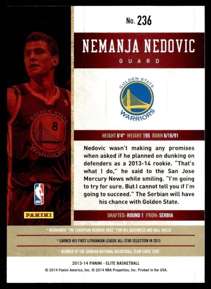 2013-14 Panini Elite Nemanja Nedovic Rookie 968/999 Golden State Warriors #236 - Image 2 of 2