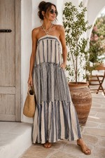 J Crew Linen Blend Tiered Maxi Dress XL Halter Blue White Stripe Adjustable