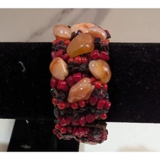 Red & Orange Gemstone Beads Clamp Bracelet Woven Boho Style Handmade Adjustable