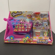 NEW Shopkins Small Mart Pink Shopping Cart Exclusive Shopkins Cart 6 mini packs