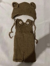 Newborn Baby Boy Overall Pant Knit Bear Hat Photography Prop Studio Photo Outfit