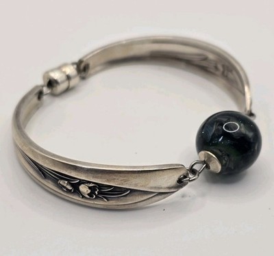 Handmade Spoon Bracelet w/Lampwork Glass Bead Magnetic Clasp Vintage Silverplate