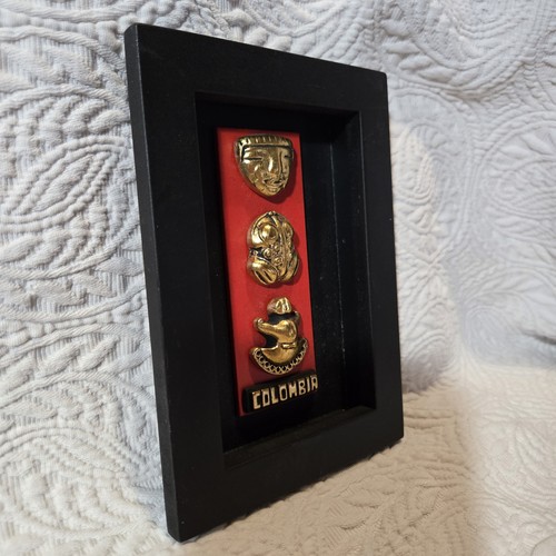 Pre-Colombian Decorative Art Frame w/ Gold Tone Figures Shaman Frog ...