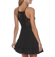 Three Pink Hearts Dress Black Lace Back Glitter Tiered Fit & Flare Hoco LBD L