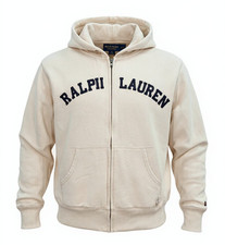 Vintage Polo Ralph Lauren Hoodie Jacket Mens Large Full Zip Spell Out Y2K Ivory
