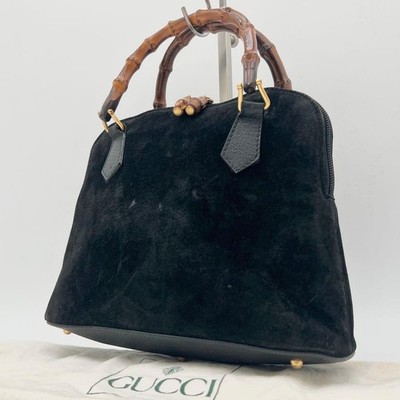 GUCCI Bamboo Suede Leather Handbag Black Vintage Authentic Tote Bag #4159
