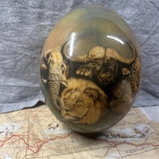 Vintage Ostrich Egg AFRICA BIG FIVE elephant lion rhino antique map FREE SHIP