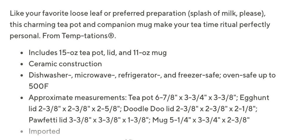 Pawfetti Temptations Tea For One Pawfetti Dog Lovers 15 oz. Tea Pot 11 oz Mug ...