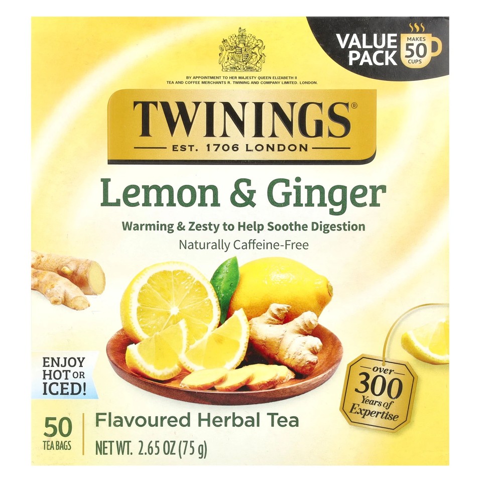 Flavored Herbal Tea, Lemon & Ginger, Caffeine Free, 50 Tea Bags, 2.65 oz (75 g)
