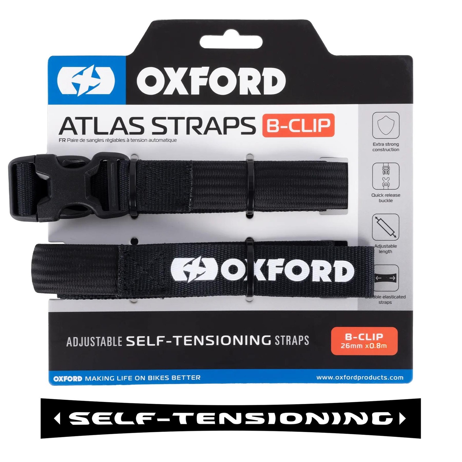Oxford Atlas Motorcycle Straps B-Clip 26 mm x 0.8 Metre Motorbike Luggage Black